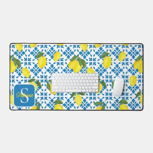 Monogram Name Blue French Tile Lemon Pattern  デスクマット (キーボード&マウス)