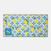 Monogram Name Blue French Tile Lemon Pattern デスクマット (正面)
