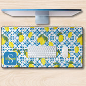 Monogram Name Blue French Tile Lemon Pattern  デスクマット