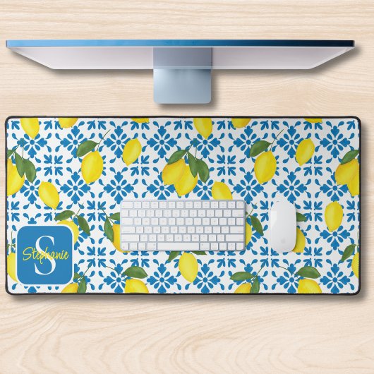 Monogram Name Blue French Tile Lemon Pattern デスクマット