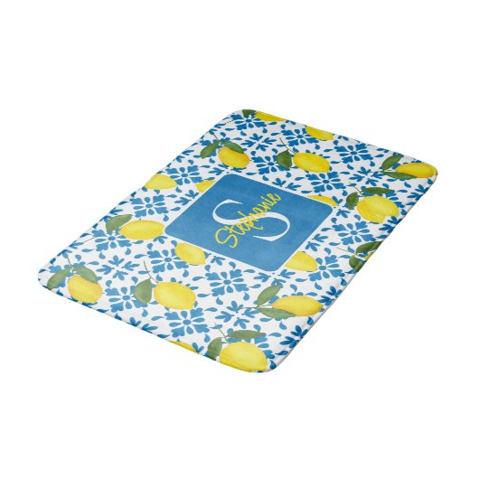 Monogram Name Blue French Tile Lemon Pattern バスマット (アングル)