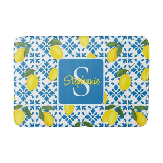 Monogram Name Blue French Tile Lemon Pattern  バスマット (正面)
