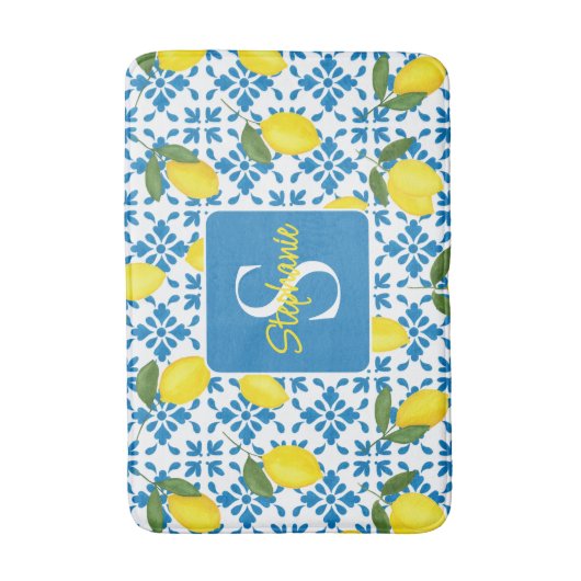 Monogram Name Blue French Tile Lemon Pattern バスマット (正面縦)