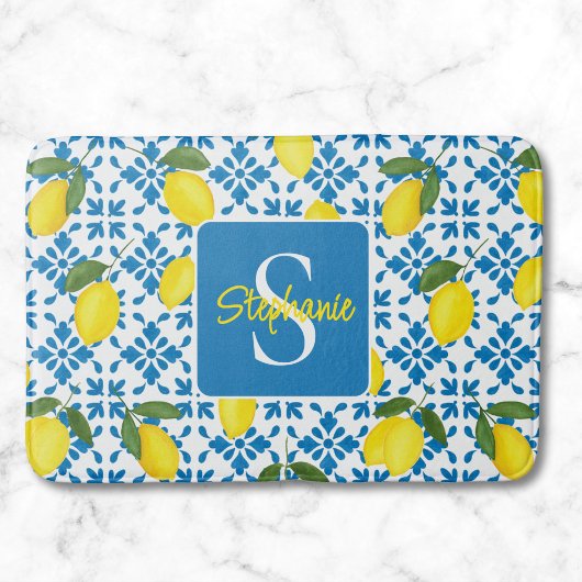 Monogram Name Blue French Tile Lemon Pattern  バスマット