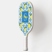Monogram Name Blue French Tile Lemon Pattern  ピックルボールラケット (左)