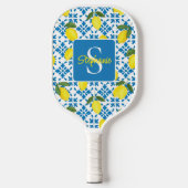 Monogram Name Blue French Tile Lemon Pattern  ピックルボールラケット (正面)