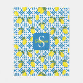 Monogram Name Blue French Tile Lemon Pattern フリースブランケット (正面)