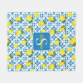 Monogram Name Blue French Tile Lemon Pattern フリースブランケット (正面(横))