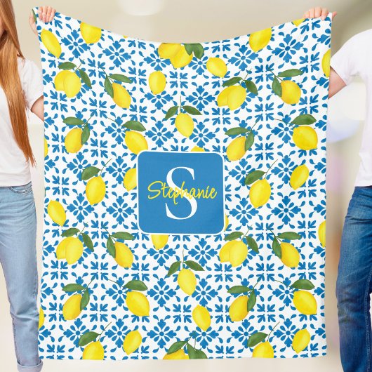 Monogram Name Blue French Tile Lemon Pattern フリースブランケット