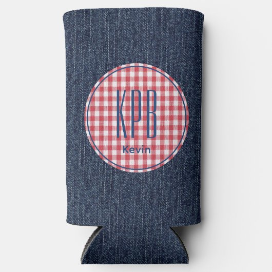 Monogram Name Dark Blue Denim Print Gingham Check スリム缶クーラー (正面)