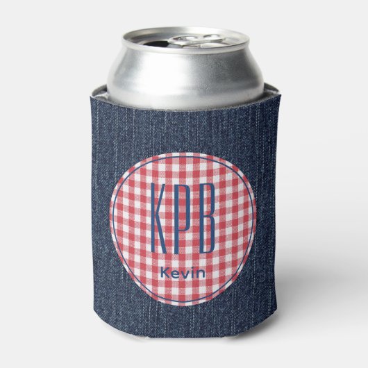 Monogram Name Dark Blue Denim Print Gingham Check 缶クーラー (缶正面)