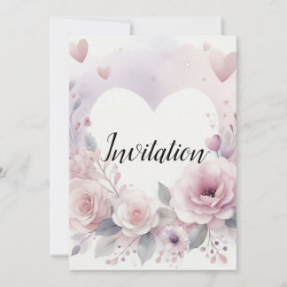 Monogram name floral hearts romantic watercolor  招待状