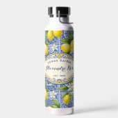 Monogram Name Lemon Blue French Country Tile  ウォーターボトル (左面)