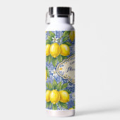 Monogram Name Lemon Blue French Country Tile  ウォーターボトル (正面)