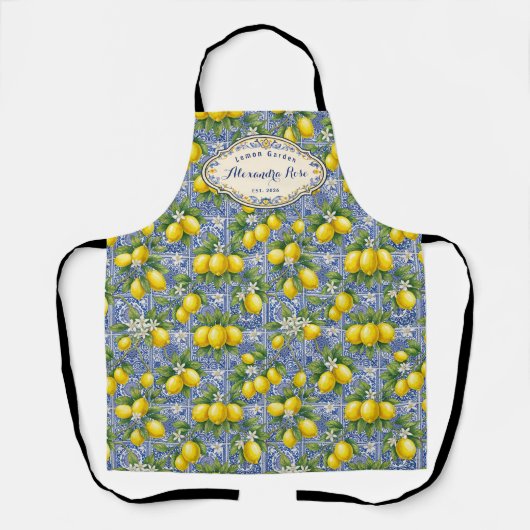 Monogram Name Lemon Blue French Country Tile  エプロン (正面)
