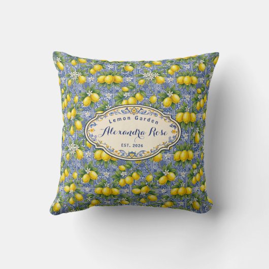 Monogram Name Lemon Blue French Country Tile クッション (裏面)