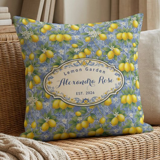 Monogram Name Lemon Blue French Country Tile  クッション