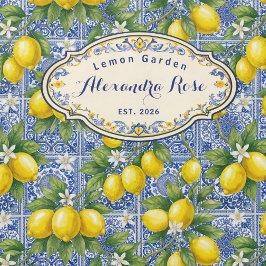 Monogram Name Lemon Blue French Country Tile  シャワーカーテン