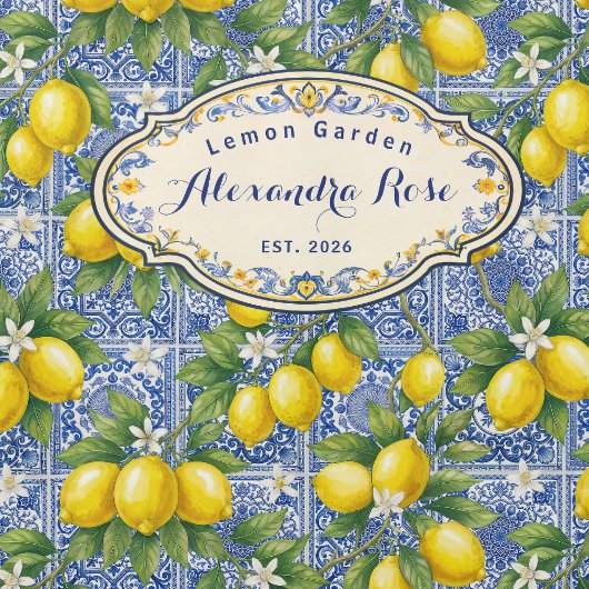 Monogram Name Lemon Blue French Country Tile シャワーカーテン