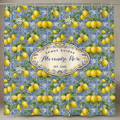 Monogram Name Lemon Blue French Country Tile シャワーカーテン