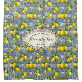 Monogram Name Lemon Blue French Country Tile シャワーカーテン (正面)