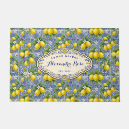 Monogram Name Lemon Blue French Country Tile  ドアマット