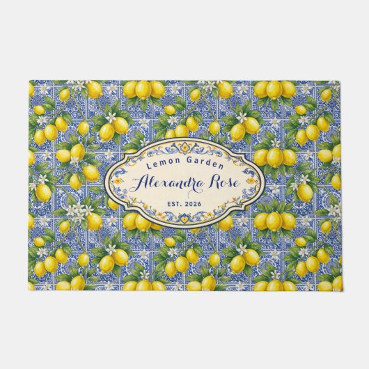 Monogram Name Lemon Blue French Country Tile  ドアマット (正面)