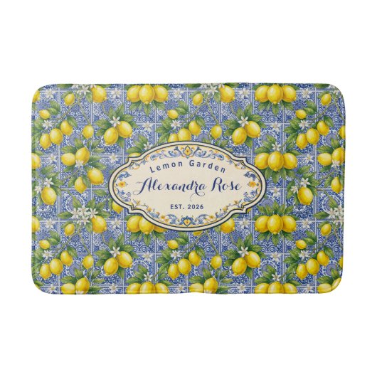 Monogram Name Lemon Blue French Country Tile  バスマット (正面)