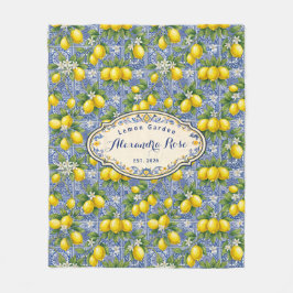 Monogram Name Lemon Blue French Country Tile  フリースブランケット