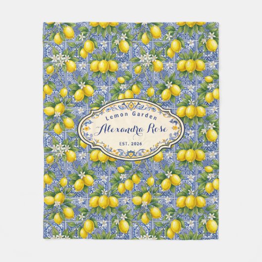 Monogram Name Lemon Blue French Country Tile フリースブランケット (正面)