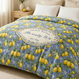 Monogram Name Lemon Blue French Country Tile  掛け布団カバー