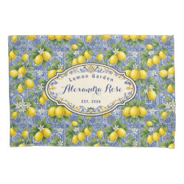Monogram Name Lemon Blue French Country Tile  枕カバー
