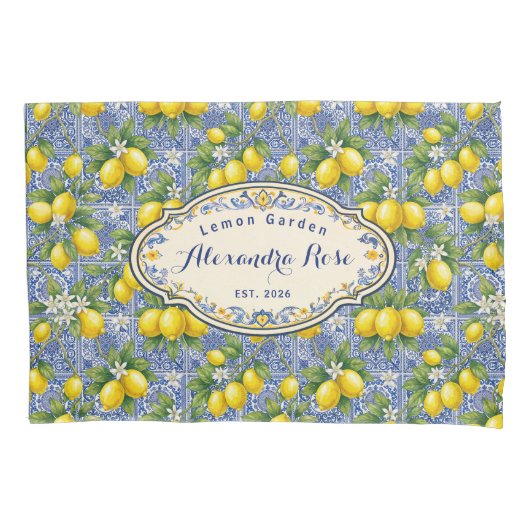 Monogram Name Lemon Blue French Country Tile  枕カバー (正面)