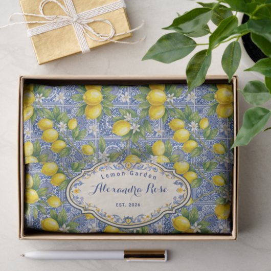 Monogram Name Lemon Blue French Country Tile  薄葉紙 (ギフト)