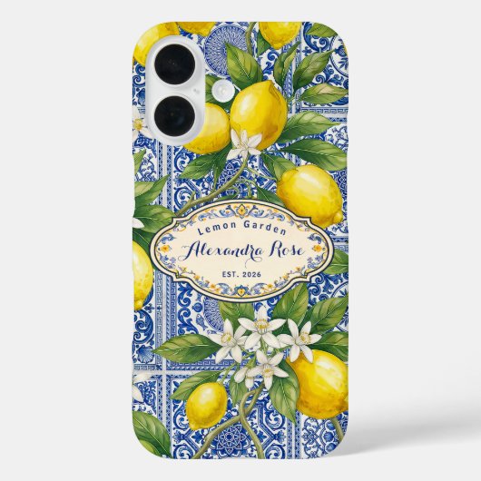 Monogram Name Lemon Blue French Country Tile  Case-Mate iPhoneケース (裏面)