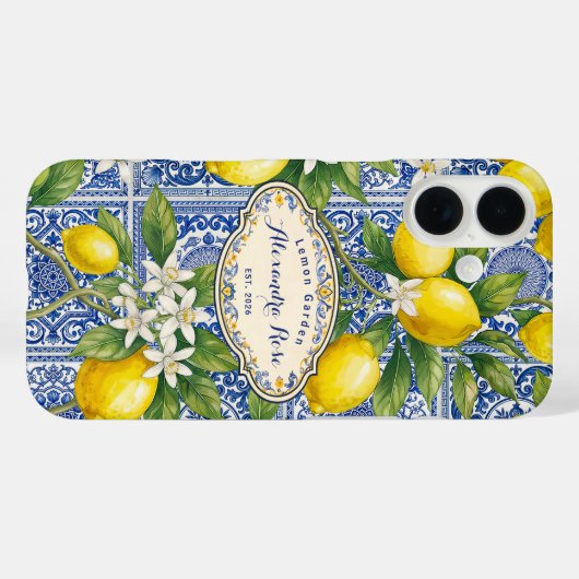 Monogram Name Lemon Blue French Country Tile  Case-Mate iPhoneケース (裏面 (横))