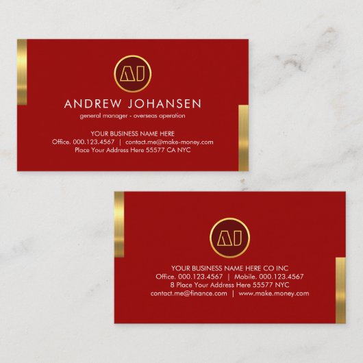 Monogram Name On Stunning Red Gold Tabs 名刺 (正面/裏面)