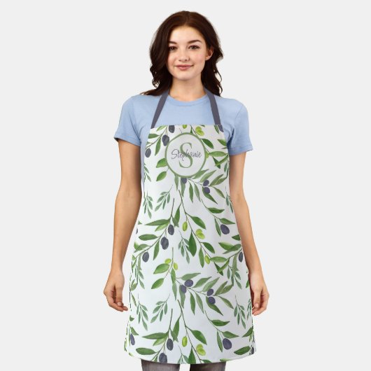 Monogram Name Watercolor Olive Pattern エプロン (着用した状態)
