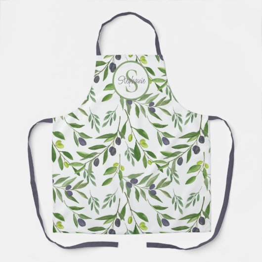 Monogram Name Watercolor Olive Pattern エプロン (正面)