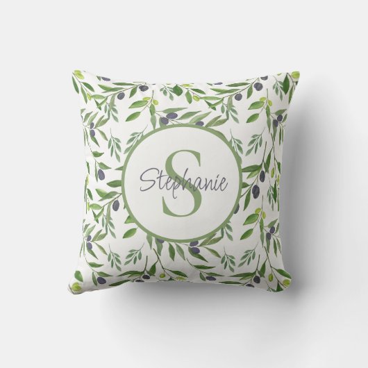 Monogram Name Watercolor Olive Pattern クッション (裏面)