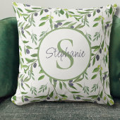 Monogram Name Watercolor Olive Pattern クッション