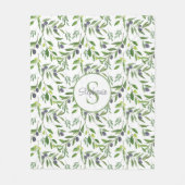 Monogram Name Watercolor Olive Pattern  フリースブランケット (正面)