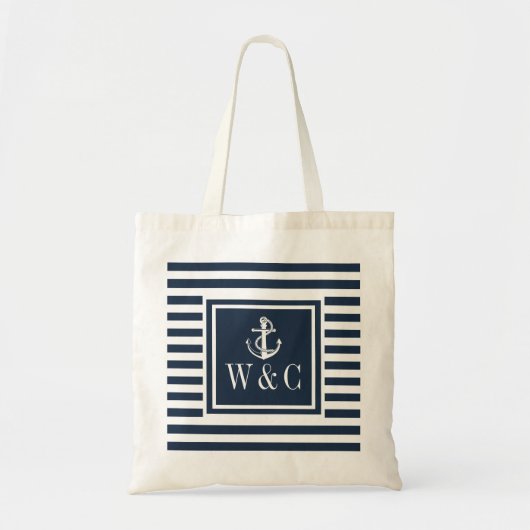 Monogram Nautical Boat Anchor Navy Blue Stripe トートバッグ (正面)
