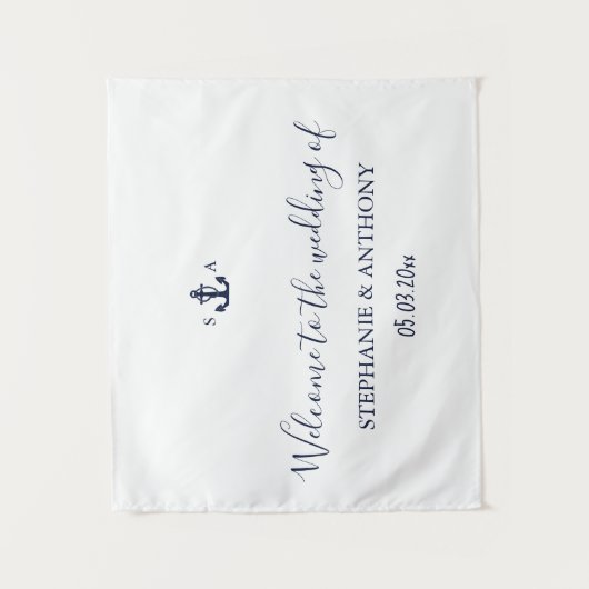 Monogram Nautical Navy Blue Anchor Wedding     タペストリー (正面)