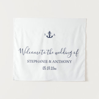 Monogram Nautical Navy Blue Anchor Wedding     タペストリー