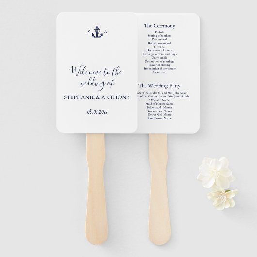 Monogram Nautical Navy Blue Anchor Wedding ハンドファン (正面&裏面)
