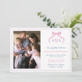 Monogram NavyとPink Bow Welcome Baby Girl Photo 案内状