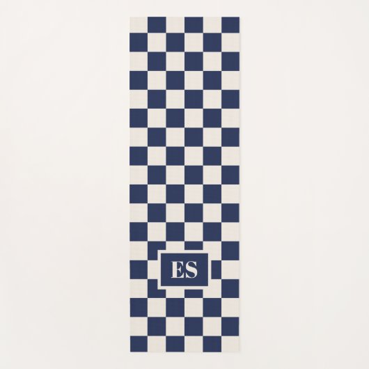 Monogram Navy Blue Cream Checkered Pattern ヨガマット (正面)