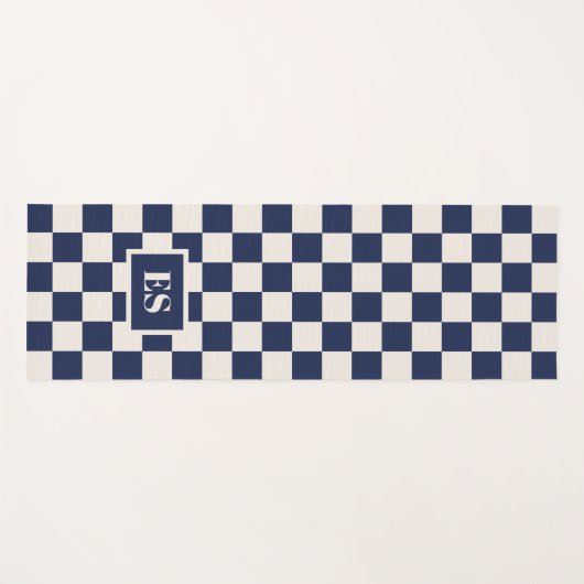 Monogram Navy Blue Cream Checkered Pattern ヨガマット (正面(横))
