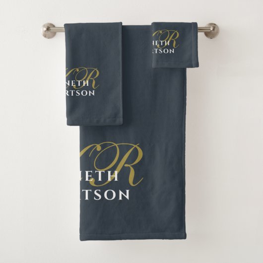 Monogram Navy Blue Gold White Minimalist Chic Men  バスタオルセット (インサイチュ)